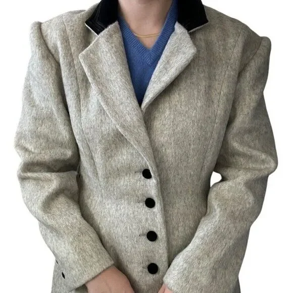 Vintage Womens Cullinane Gray Wool Bow Waist Velvet Collar Trench Coat Jacket S - Picture 13 of 14